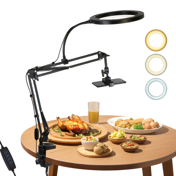 Adjustable Overhead Phone Mount with Ring Light, Articulating Arm Desktop Stand