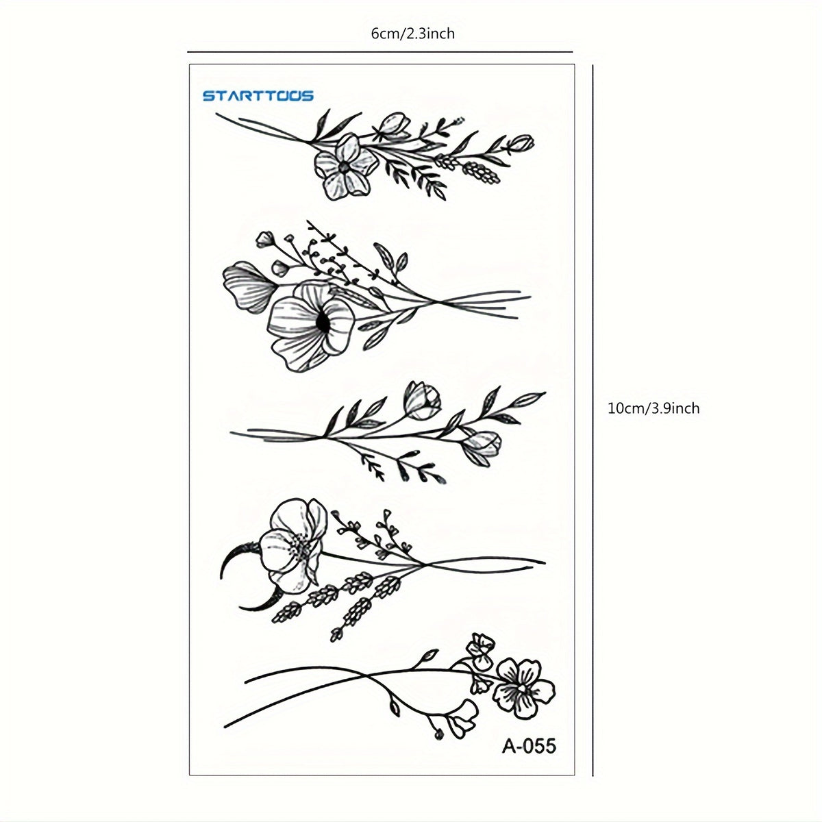 Black Simple Line Floral Patterns Finger Wrist Ear Can Last For 3-5 Days - 4 Sheets