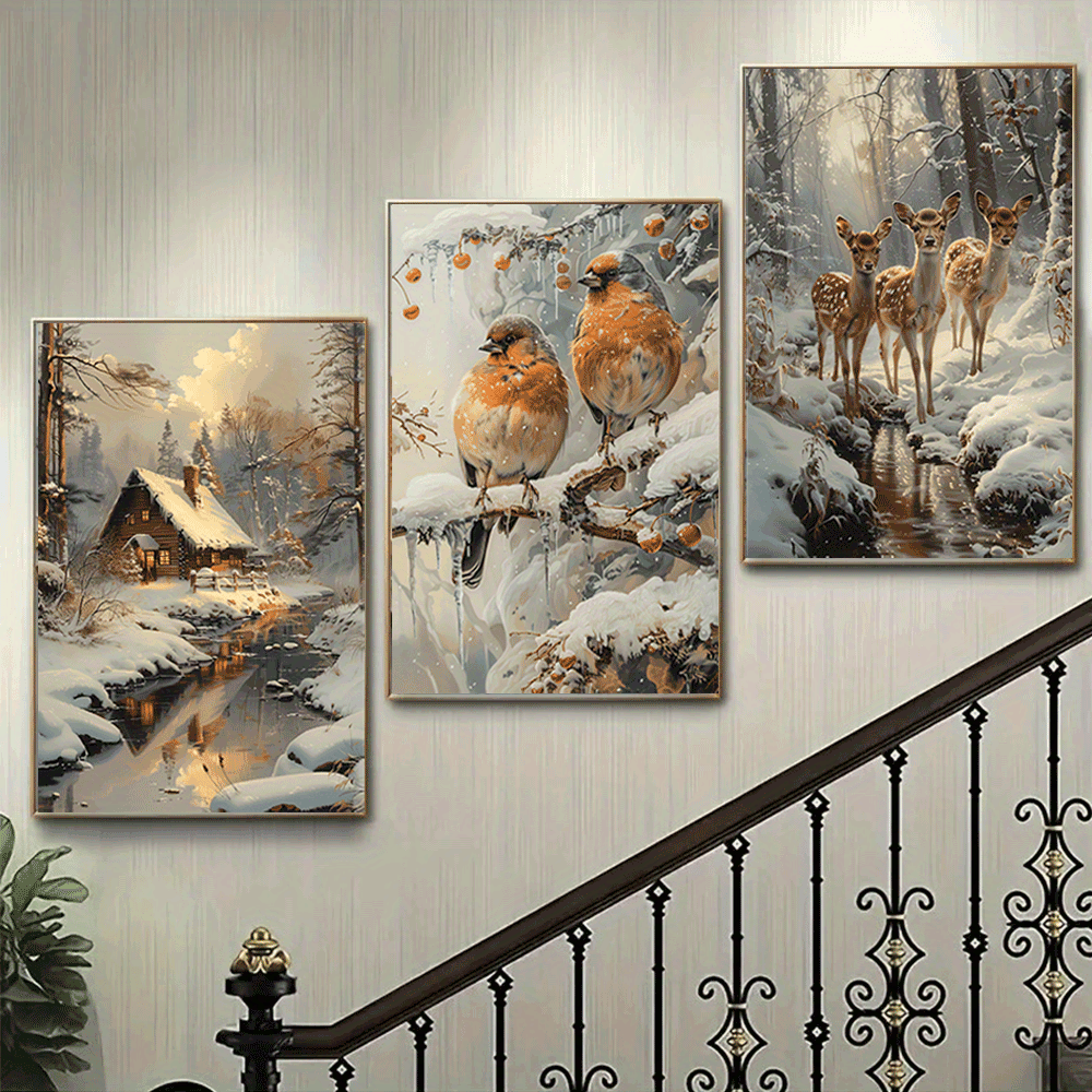 Winter Cabin & Wildlife Canvas Art Set, 39.88x59.94cm - 3pcs