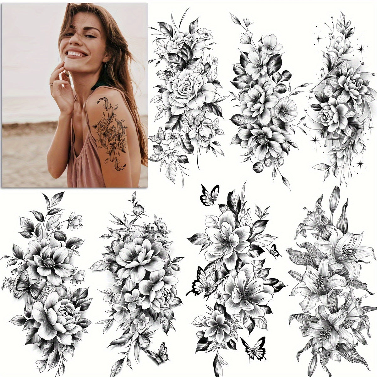 Realistic Floral Temporary Tattoos, Waterproof - 12-Pack