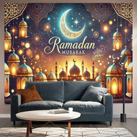 1pc Ramadan Mubarak Night Sky Backdrop - Elegant Crescent Moon & Lanterns Design, Reusable Polyester Party Banner for Indoor/Outdoor Eid Celebrations, Spring & Summer Festive Decor, Festive Backdrop | Elegant Lettering Design