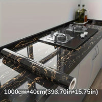 1 Roll Black Gold Marble Textured Self-Adhesive Waterproof Wallpaper, Heat-Resistant Kitchen Wall Covering, Easy Peel & Stick Vinyl Film for Furniture/Tabletop/Room Decor Renovation