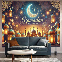 1pc Ramadan Mubarak Night Sky Backdrop - Elegant Crescent Moon & Lanterns Design, Reusable Polyester Party Banner for Indoor/Outdoor Eid Celebrations, Spring & Summer Festive Decor, Festive Backdrop | Elegant Lettering Design