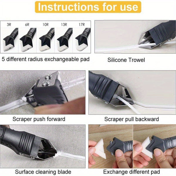 1 Set 3-in-1 Silicone Caulking Tool with Stainless Steel Head, Sealant Cleaner, Grower Scraper, and Glue Board with 5 Interchangeable Pads