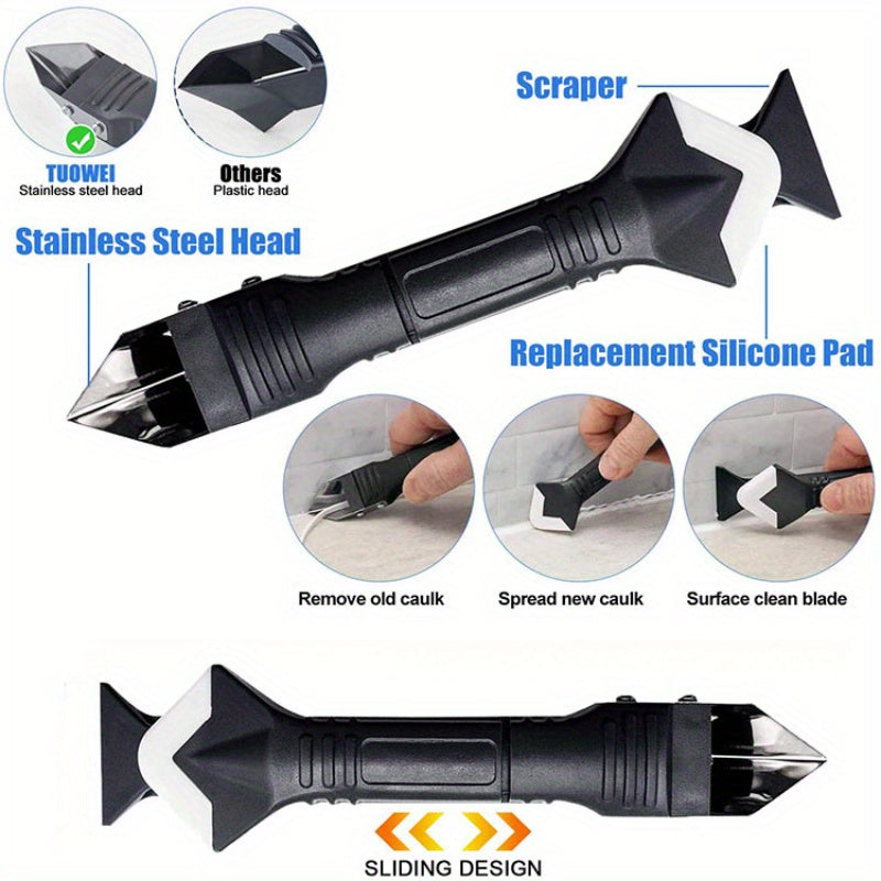 1 Set 3-in-1 Silicone Caulking Tool with Stainless Steel Head, Sealant Cleaner, Grower Scraper, and Glue Board with 5 Interchangeable Pads