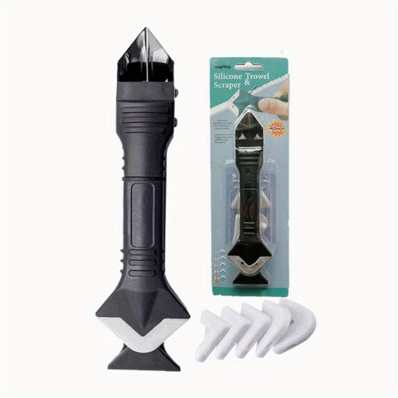 1 Set 3-in-1 Silicone Caulking Tool with Stainless Steel Head, Sealant Cleaner, Grower Scraper, and Glue Board with 5 Interchangeable Pads