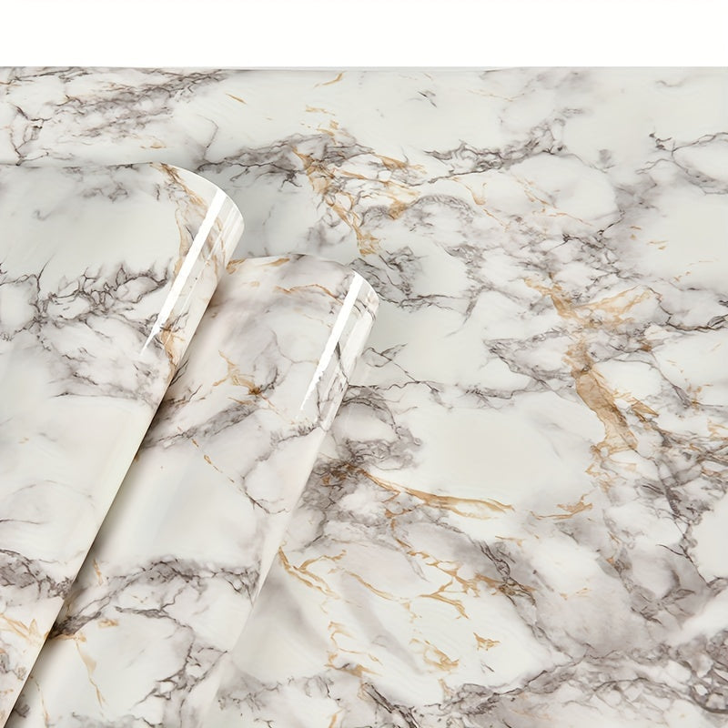 1 Roll Self-Adhesive Marble Vinyl Wallpaper, Thicker Glossy Finish, Stone And Wood Style, Waterproof Oil-Proof, Renovation Stickers For Kitchen Bathroom TV Background Wall, Vinyl Material