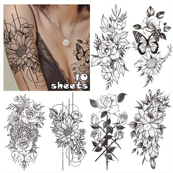 Realistic Flower Temporary Tattoos - Waterproof, Sweat-Proof- 10pcs