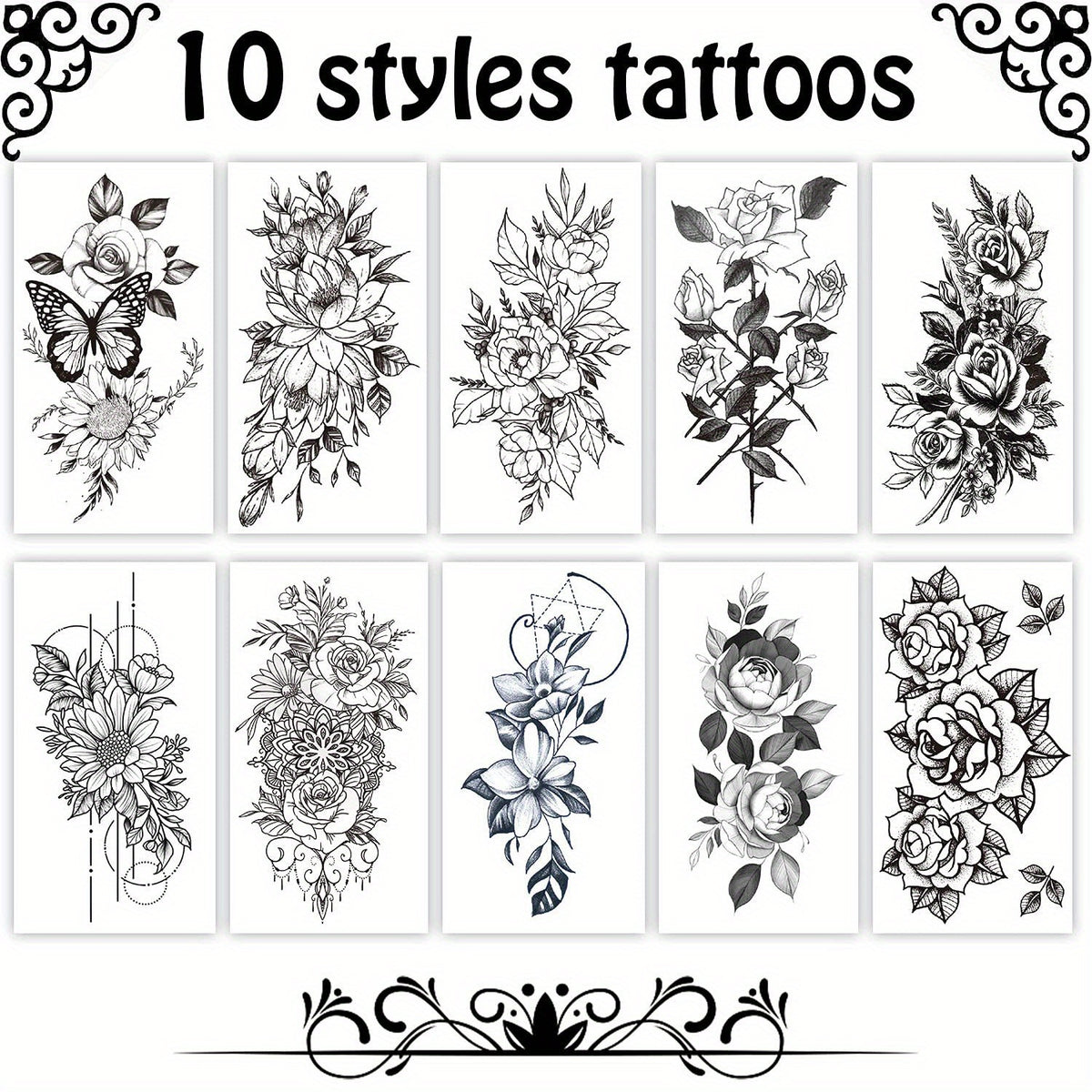 Realistic Flower Temporary Tattoos - Waterproof, Sweat-Proof- 10pcs