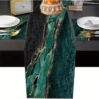 1 Set, Table Decor Set, Marble Printed Table Runner And Placemats Set Of 6, Green Black Golden Marbling Texture Modern Abstract Dining Table Decor For Daily Use
