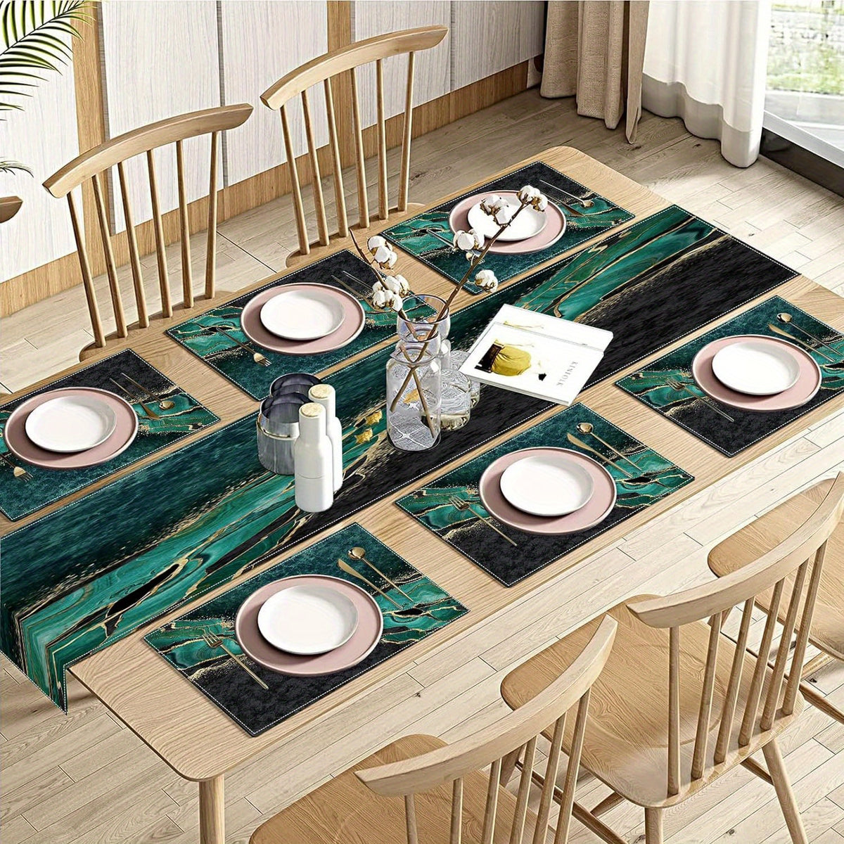 1 Set, Table Decor Set, Marble Printed Table Runner And Placemats Set Of 6, Green Black Golden Marbling Texture Modern Abstract Dining Table Decor For Daily Use