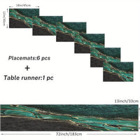 1 Set, Table Decor Set, Marble Printed Table Runner And Placemats Set Of 6, Green Black Golden Marbling Texture Modern Abstract Dining Table Decor For Daily Use