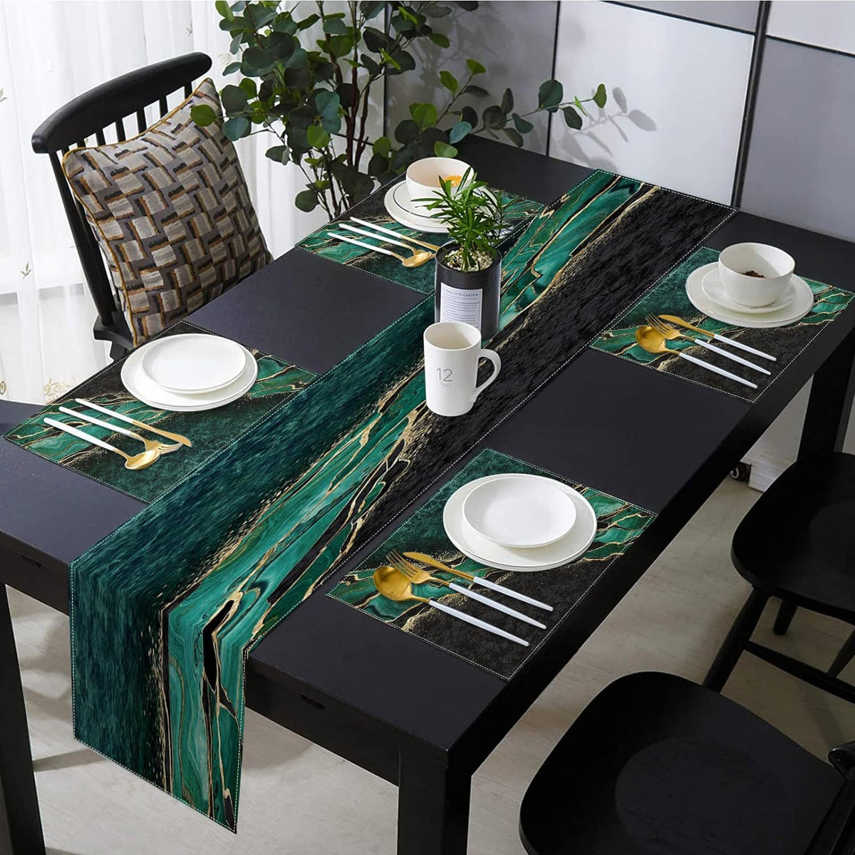 1 Set, Table Decor Set, Marble Printed Table Runner And Placemats Set Of 6, Green Black Golden Marbling Texture Modern Abstract Dining Table Decor For Daily Use