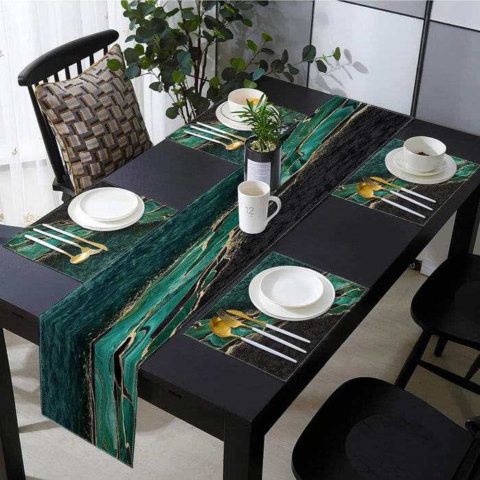 1 Set, Table Decor Set, Marble Printed Table Runner And Placemats Set Of 6, Green Black Golden Marbling Texture Modern Abstract Dining Table Decor For Daily Use