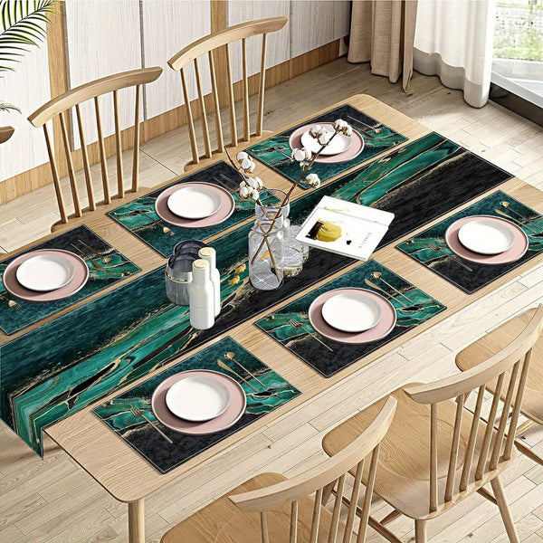 1 Set, Table Decor Set, Marble Printed Table Runner And Placemats Set Of 6, Green Black Golden Marbling Texture Modern Abstract Dining Table Decor For Daily Use