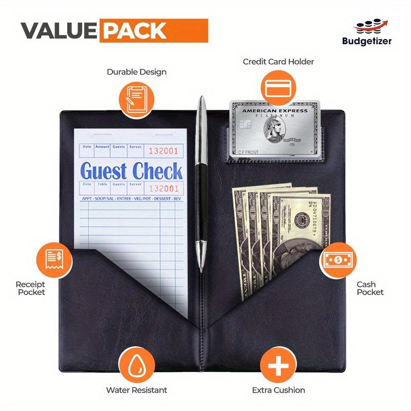 Budgetizer Check Presenters for Restaurants | 6pcs Black Guest Check Books with Golden Lettering | Durable & Professional Design | Includes Pen Slot, Cash Compartment & Receipt Holder | Ideal for Servers