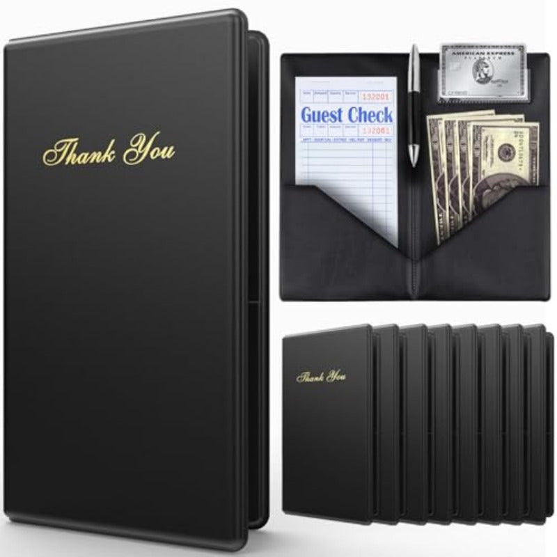 Budgetizer Check Presenters for Restaurants | 6pcs Black Guest Check Books with Golden Lettering | Durable & Professional Design | Includes Pen Slot, Cash Compartment & Receipt Holder | Ideal for Servers