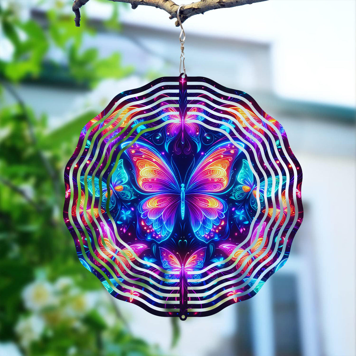 Metal Blue Butterfly Wind Spinner: Yard and Garden Decoration - 25.4cm