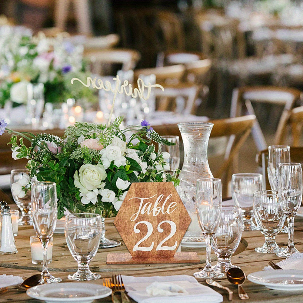 1set 25sets Table Numbers with Wooden Base Hexagon Wedding Reception Table Numbers Self Stand Wedding Centerpieces for Banquet Restaurant Party Decor Small Business, for Return School