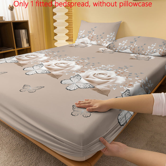 Modern Floral Butterfly Pattern Quilted Fitted Sheet, 100% Polyester, Active Print, Lightweight Fabric 80-85g, Up to 29cm Mattress Depth, Machine Washable - Single Fitted Bedspread without Pillowcase