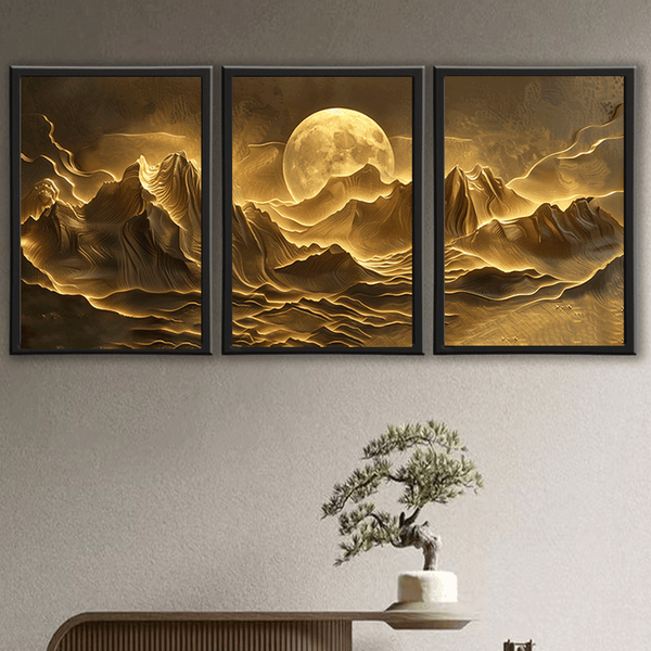 Framed Canvas Wall Art Set - Golden Desert Mountains with Moon Landscape - 3pcs