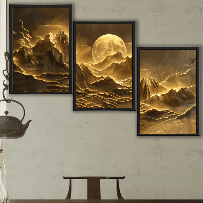 Framed Canvas Wall Art Set - Golden Desert Mountains with Moon Landscape - 3pcs