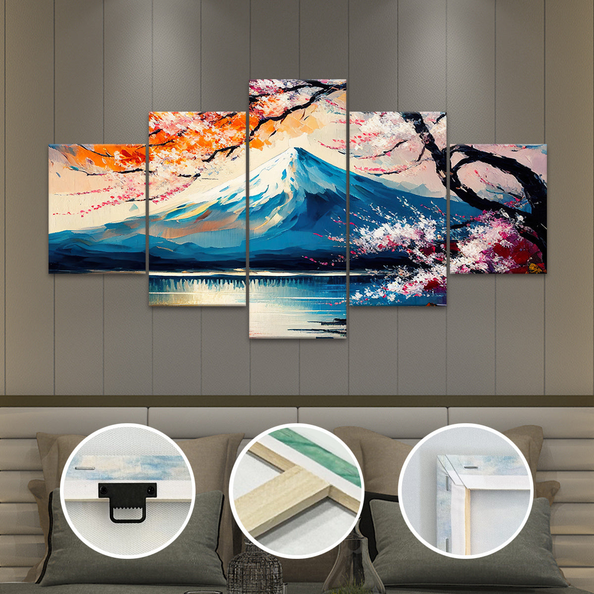 Wooden Framed Canvas, Beautiful Mount Fuji, Oil Painting - 5pcs