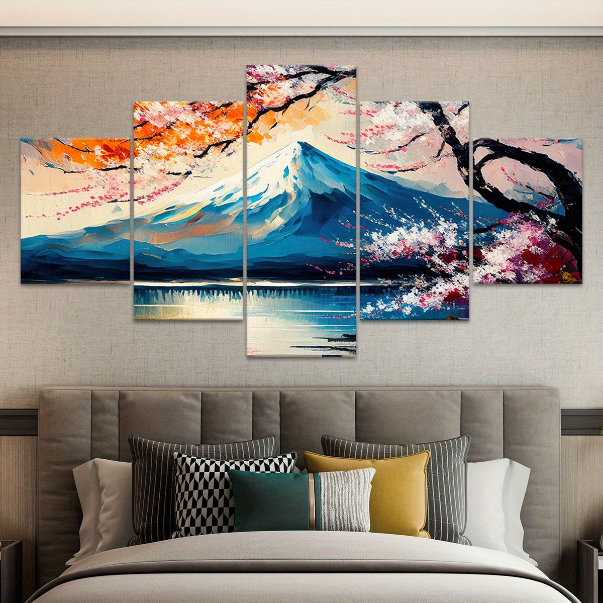 Wooden Framed Canvas, Beautiful Mount Fuji, Oil Painting - 5pcs