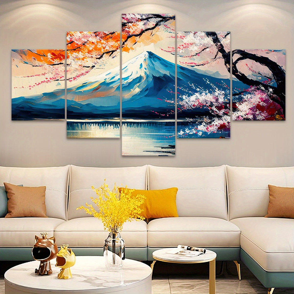 Wooden Framed Canvas, Beautiful Mount Fuji, Oil Painting - 5pcs