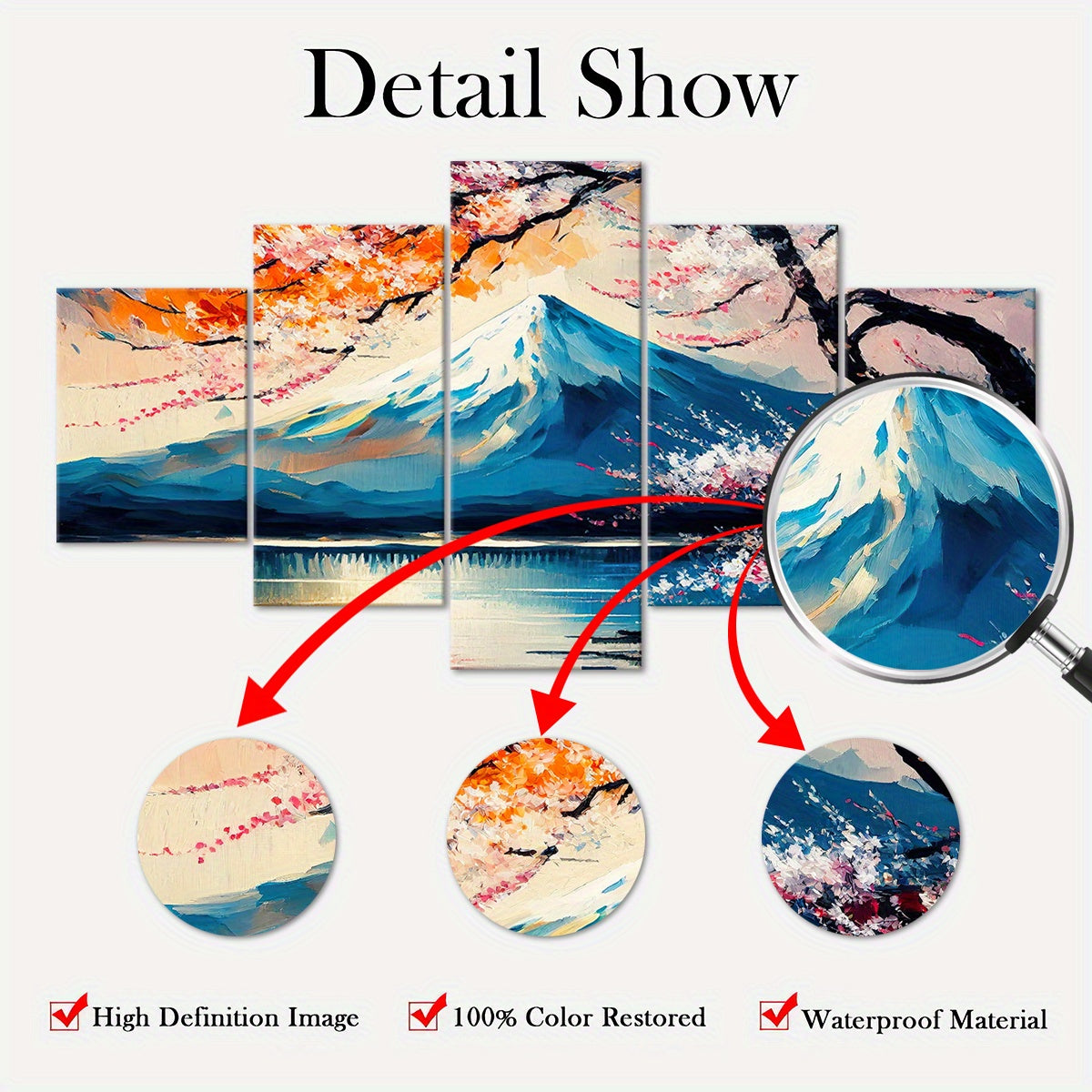 Wooden Framed Canvas, Beautiful Mount Fuji, Oil Painting - 5pcs