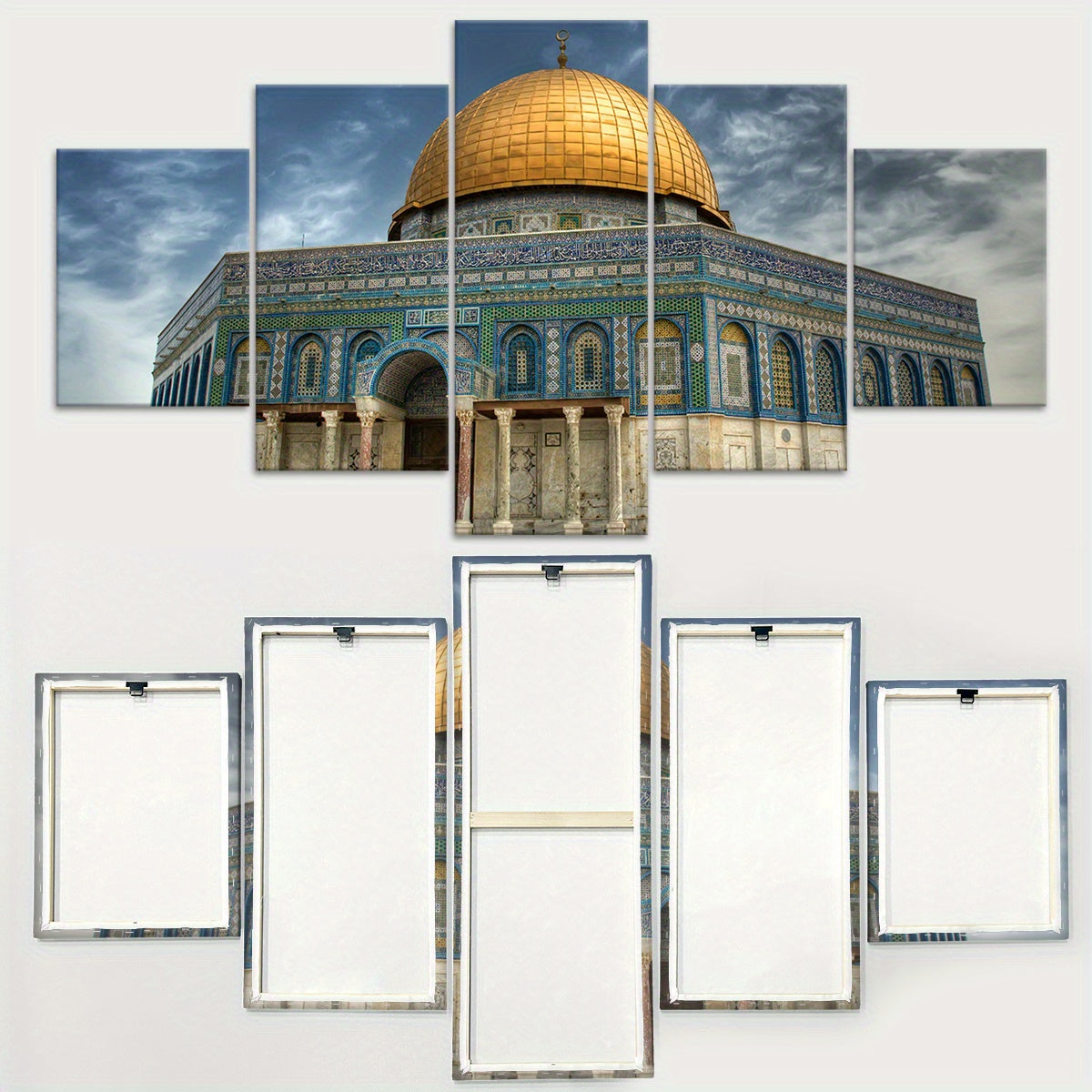 5pcs Wooden Framed City of Peace Dome of The Rock Golden Religious Canvas, Fashion Poster, Art for Home Decoration, Pattern Wall Art Decor, for Living Room, Bedroom, Office, Restaurant, Bar Wall Decor,, Odorless, Painting, Pr