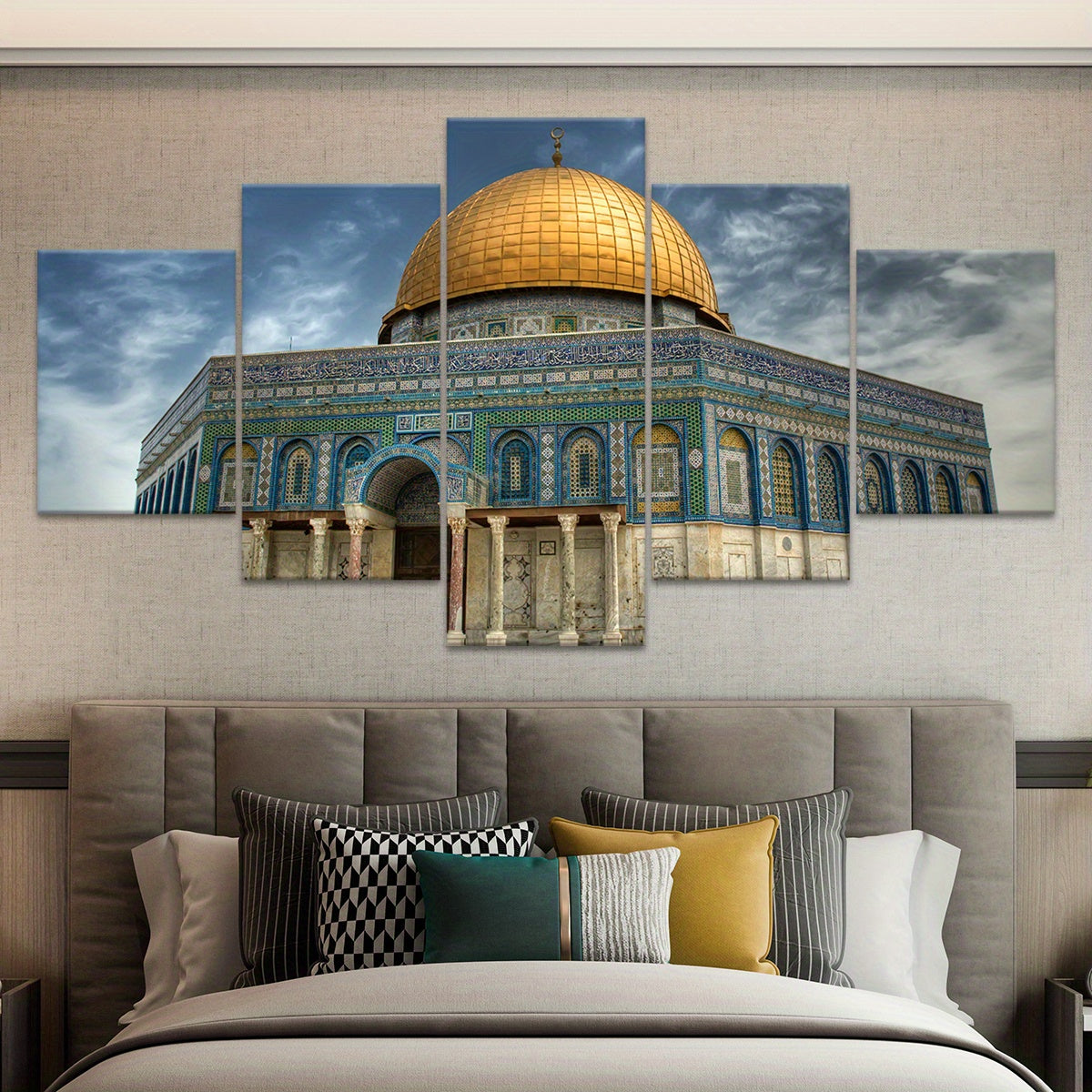 5pcs Wooden Framed City of Peace Dome of The Rock Golden Religious Canvas, Fashion Poster, Art for Home Decoration, Pattern Wall Art Decor, for Living Room, Bedroom, Office, Restaurant, Bar Wall Decor,, Odorless, Painting, Pr