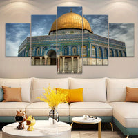 5pcs Wooden Framed City of Peace Dome of The Rock Golden Religious Canvas, Fashion Poster, Art for Home Decoration, Pattern Wall Art Decor, for Living Room, Bedroom, Office, Restaurant, Bar Wall Decor,, Odorless, Painting, Pr