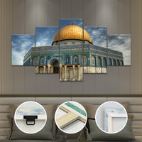 5pcs Wooden Framed City of Peace Dome of The Rock Golden Religious Canvas, Fashion Poster, Art for Home Decoration, Pattern Wall Art Decor, for Living Room, Bedroom, Office, Restaurant, Bar Wall Decor,, Odorless, Painting, Pr