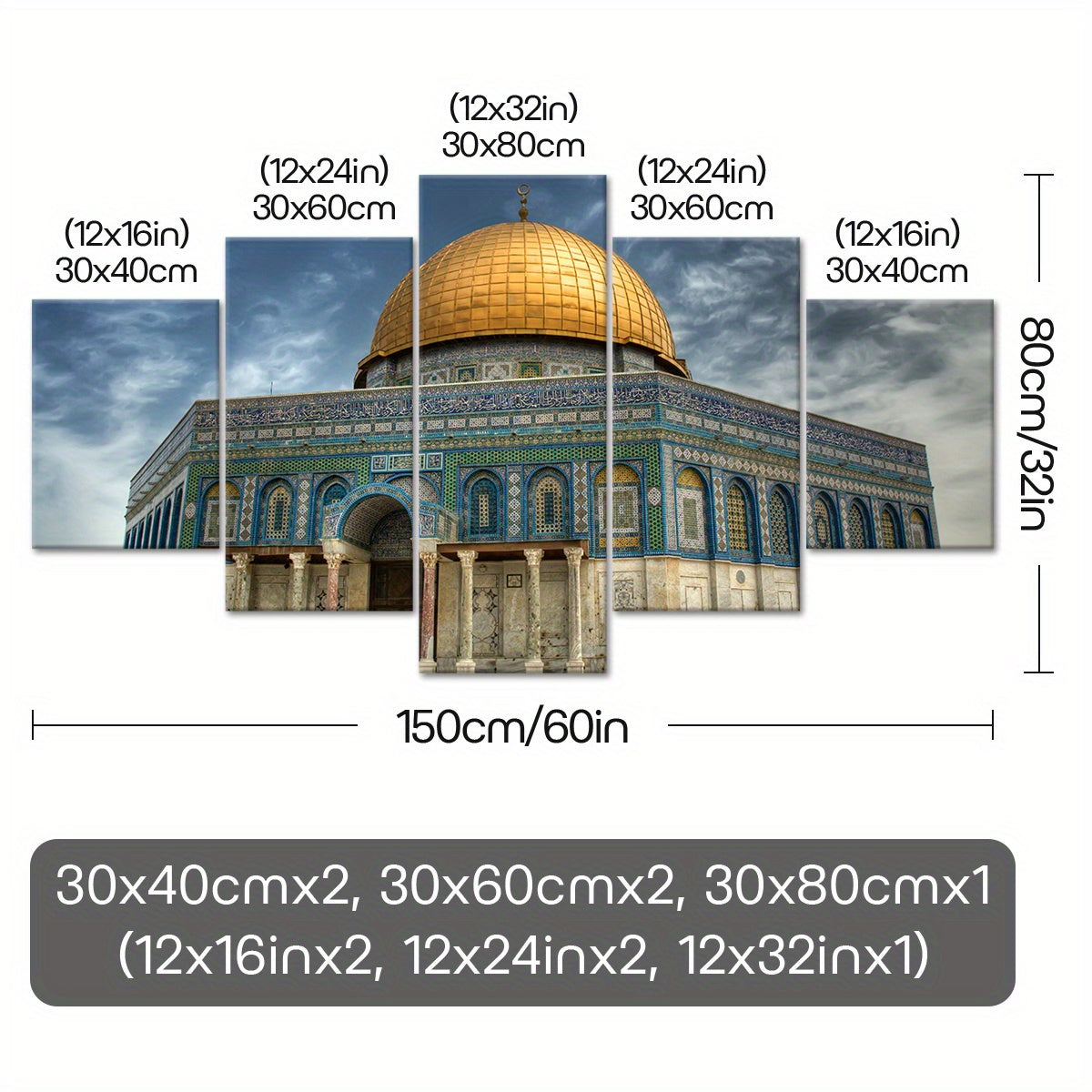 5pcs Wooden Framed City of Peace Dome of The Rock Golden Religious Canvas, Fashion Poster, Art for Home Decoration, Pattern Wall Art Decor, for Living Room, Bedroom, Office, Restaurant, Bar Wall Decor,, Odorless, Painting, Pr