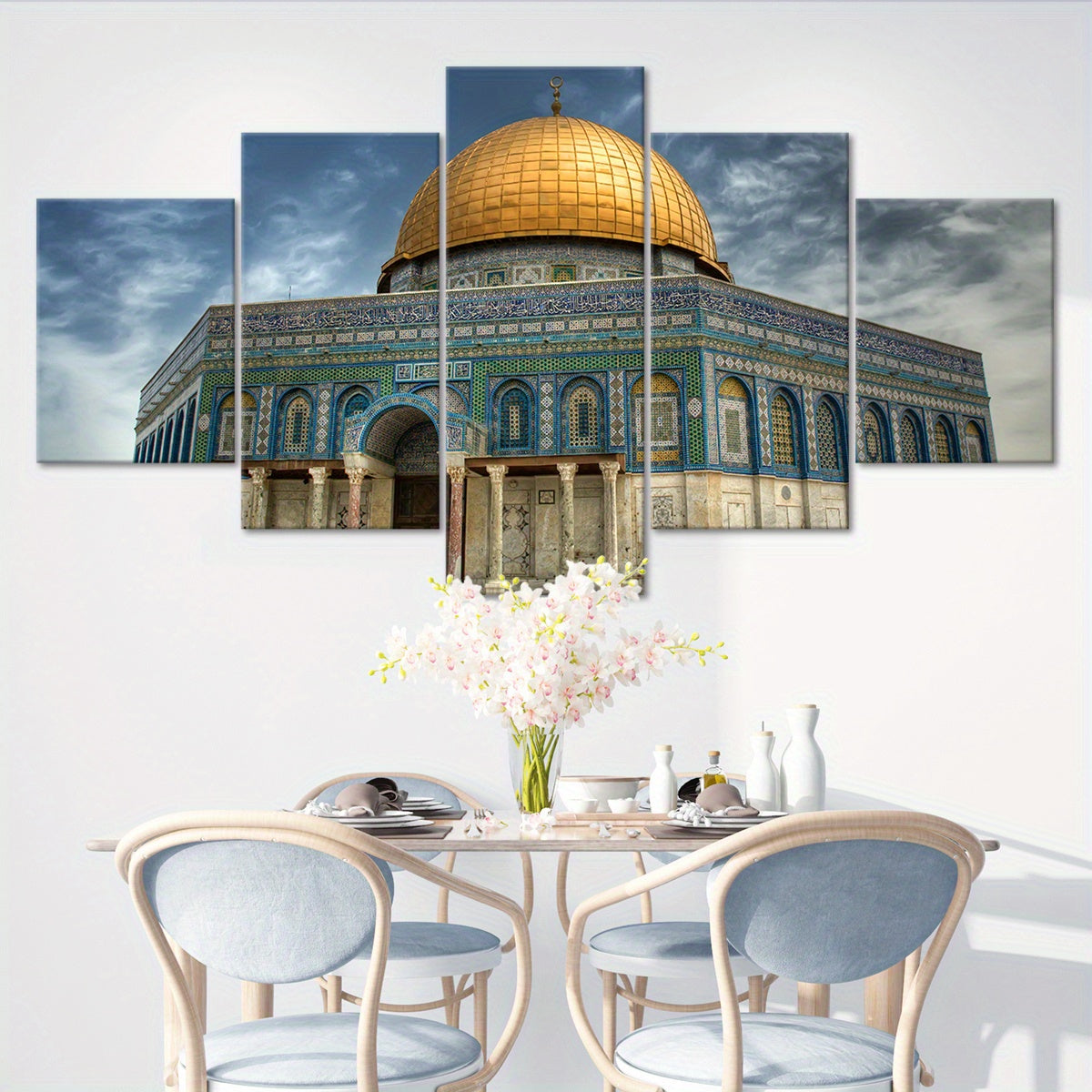 5pcs Wooden Framed City of Peace Dome of The Rock Golden Religious Canvas, Fashion Poster, Art for Home Decoration, Pattern Wall Art Decor, for Living Room, Bedroom, Office, Restaurant, Bar Wall Decor,, Odorless, Painting, Pr