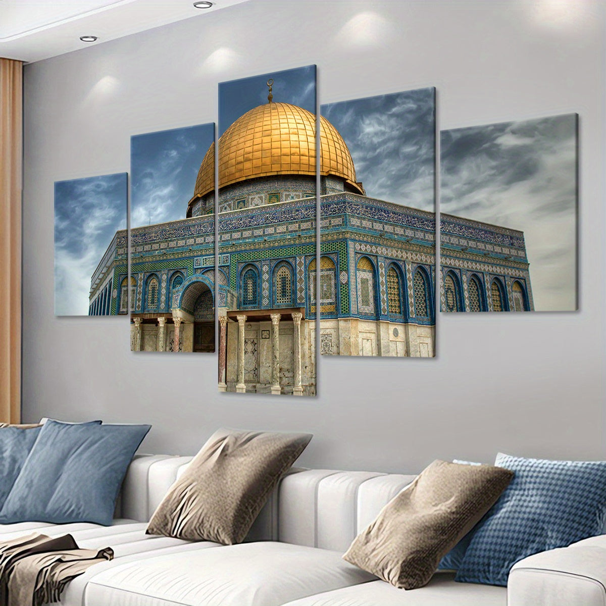 5pcs Wooden Framed City of Peace Dome of The Rock Golden Religious Canvas, Fashion Poster, Art for Home Decoration, Pattern Wall Art Decor, for Living Room, Bedroom, Office, Restaurant, Bar Wall Decor,, Odorless, Painting, Pr