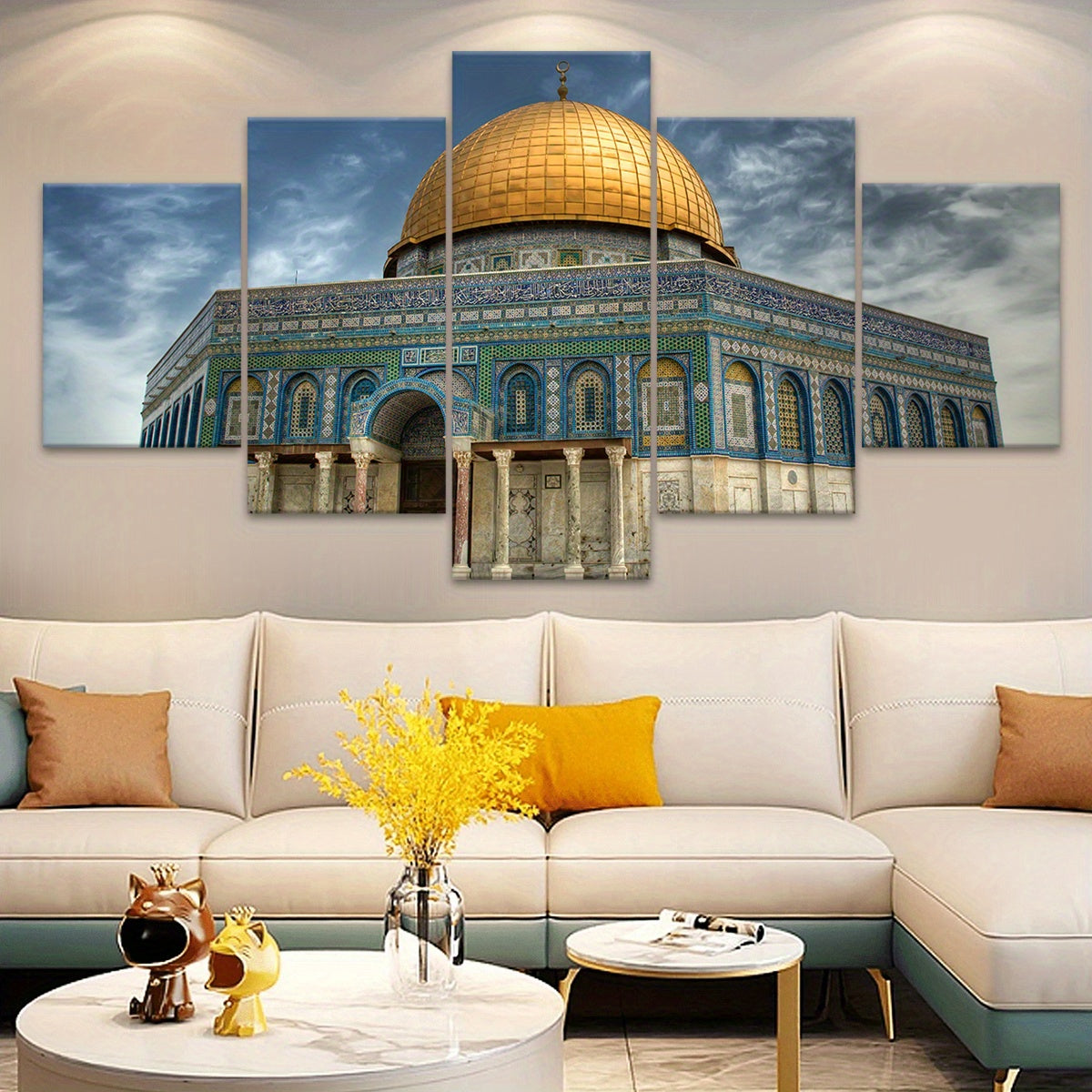 5pcs Wooden Framed City of Peace Dome of The Rock Golden Religious Canvas, Fashion Poster, Art for Home Decoration, Pattern Wall Art Decor, for Living Room, Bedroom, Office, Restaurant, Bar Wall Decor,, Odorless, Painting, Pr
