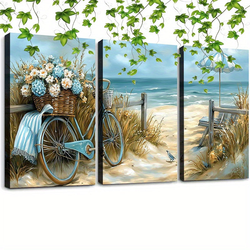 Canvas Wall Art Prints - Beach Scene with Bicycle and Ocean View - 3Pcs