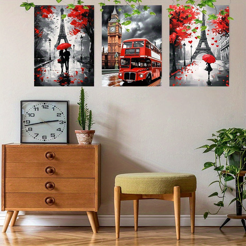 Eiffel Tower Canvas Wall Art Set, 3pcs Framed, Red & Black