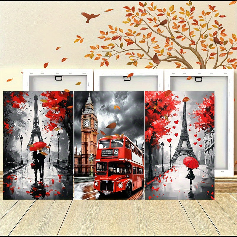 Eiffel Tower Canvas Wall Art Set, 3pcs Framed, Red & Black