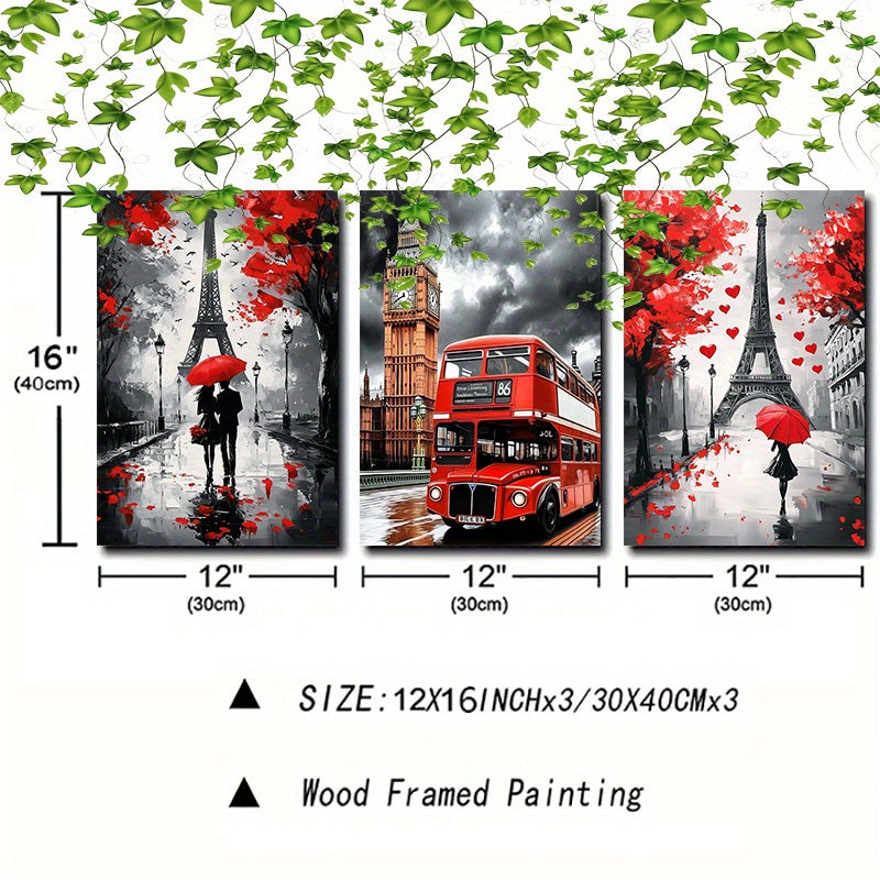 Eiffel Tower Canvas Wall Art Set, 3pcs Framed, Red & Black