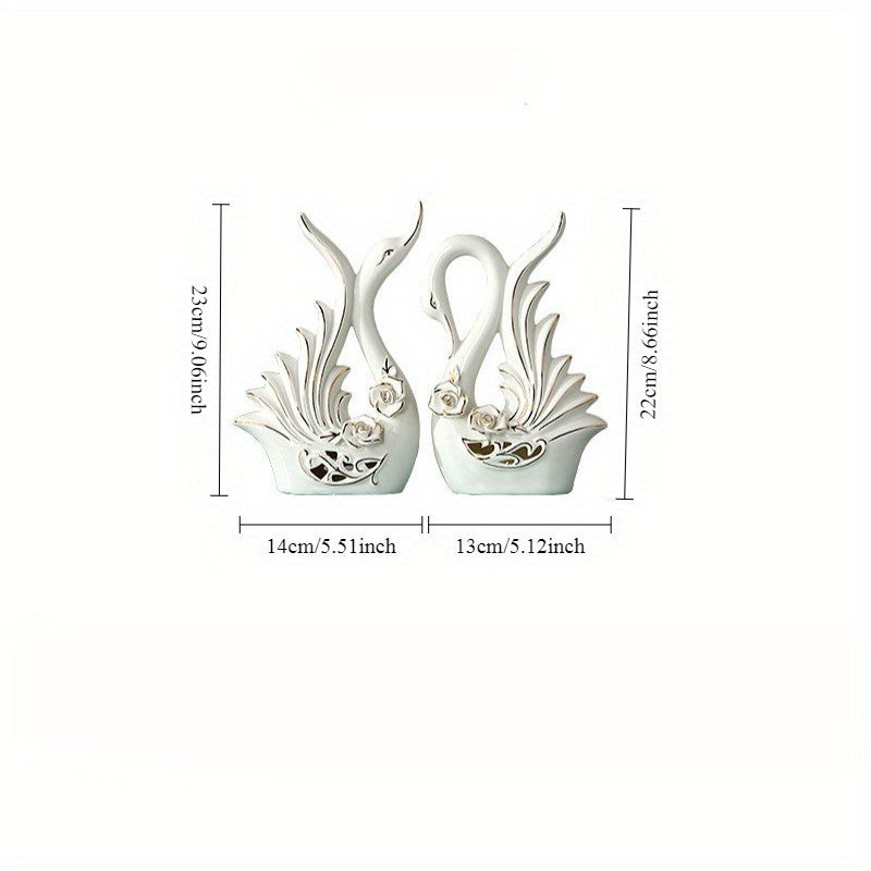 Ceramic Swan Ornaments, Elegant White Swans with Floral Accents -2-Pack