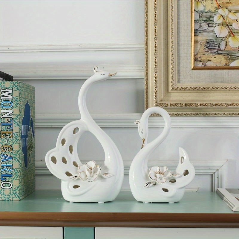 Ceramic Swan Ornaments, Elegant White Swans with Floral Accents -2-Pack