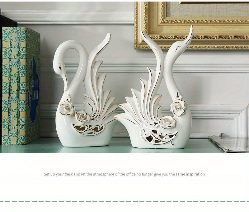 Ceramic Swan Ornaments, Elegant White Swans with Floral Accents -2-Pack