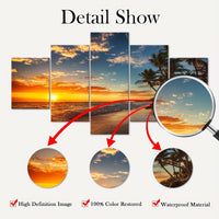 Wooden Framed Canvas Poster, Sunset Sea View Beach Coconut Trees Canvas - 5pcs/set