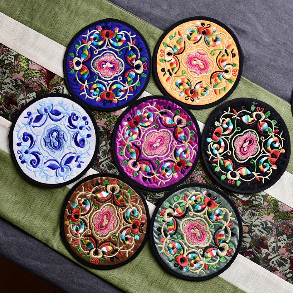 12 Pieces of Traditional Chinese Embroidered Coasters - 12.8cm/5.03in Diameter - Linen Blend Cover - Perfect for Home and Kitchen Decor