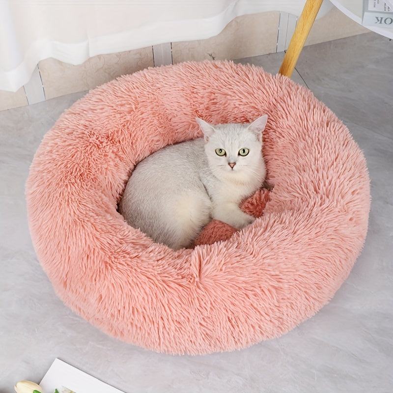 Donut-Shaped Plush Cat Bed, Soft Polyester Fleece, Non-Skid Bottom