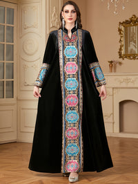 Women's Autumn and Winter Fashion V-Neck Elegant Retro Patchwork Solid Color Loose Arabic Long Dress