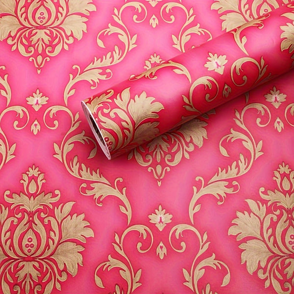 Self-Adhesive Wallpaper, Red Base With Golden Floral Pattern